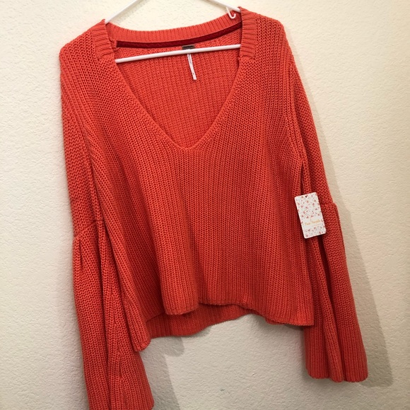 Free People Sweater V-Neck Bell Sleeve Coral Orang - Picture 5 of 12